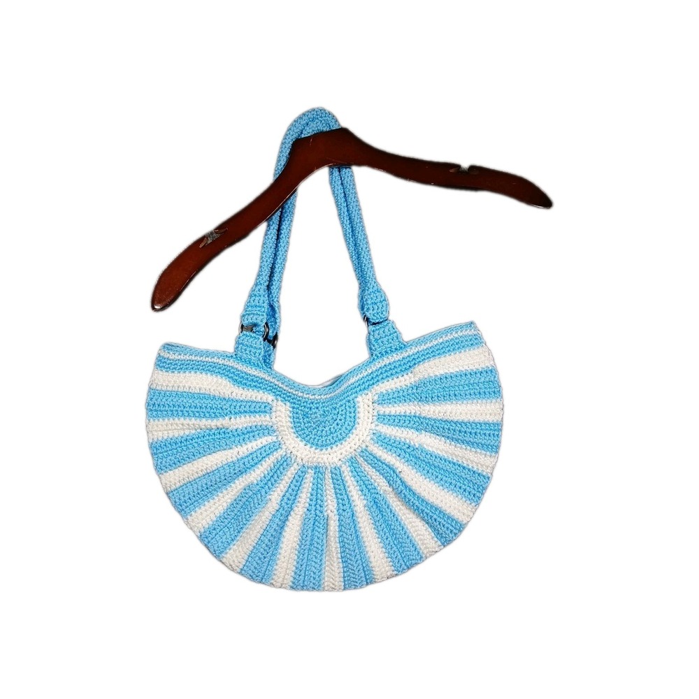 Women's Crotchet Purse Bag Tote Handmade Round Flowers Blue White NEW! - Picture 2 of 12